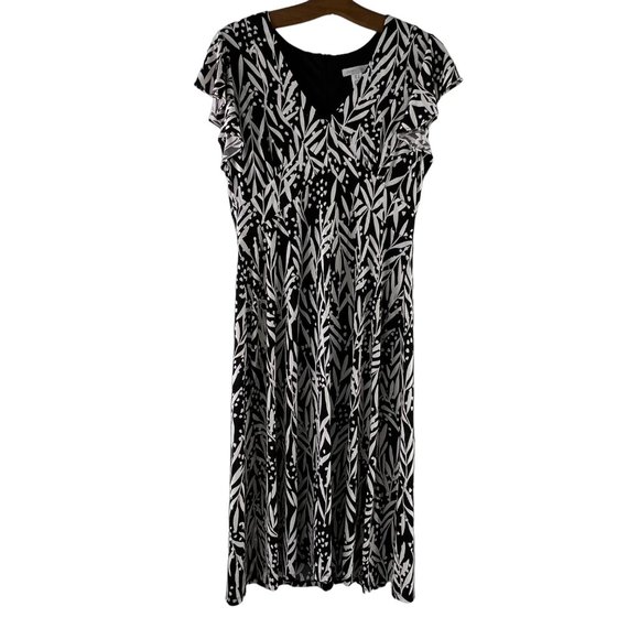 London Times Gabrielle Dress Women 8 Floral ALine Flutter Sleeve VNeck Black NEW - Picture 1 of 8